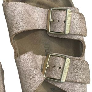 BIRKENSTOCK Arizona Pink Metallic Leather Double Buckle Gold Slide Sandals Sz 39